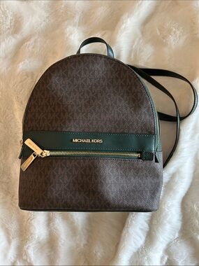 MICHAEL KORS Brown Monogram Backpack with Dark Green Trim